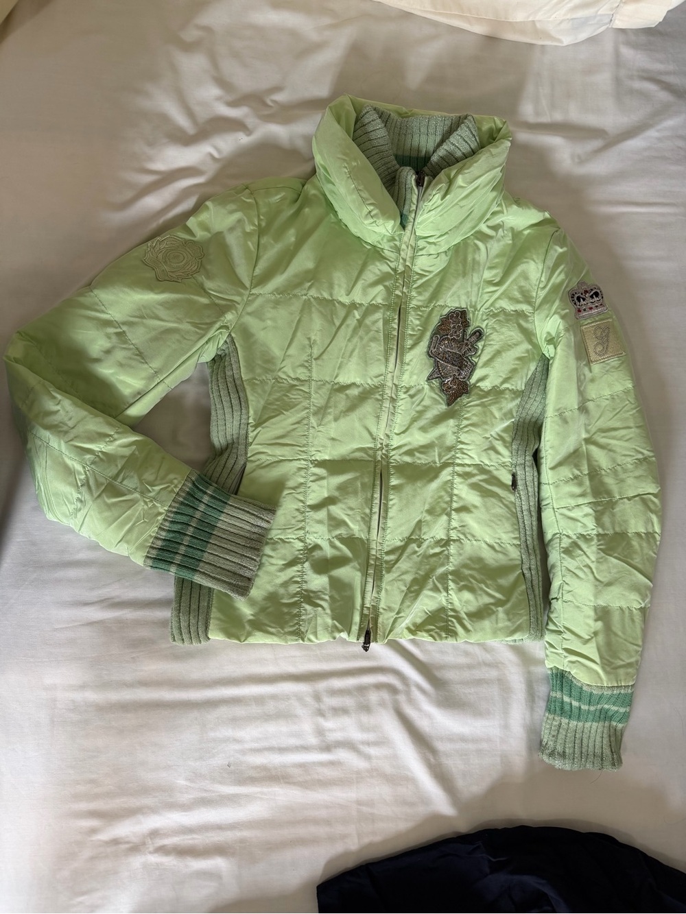 Light Green Quilted Women's Puffer Jacket with Knit Trim